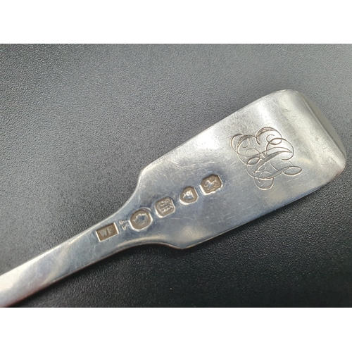 98 - An Irish silver Caddy Spoon with scallop bowl engraved initials,  a silver Fork and three Teaspoons ... 