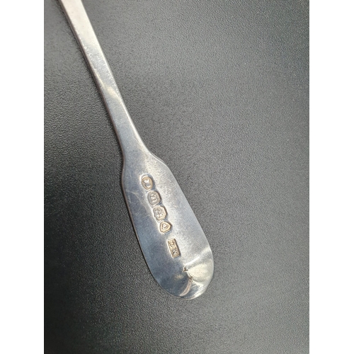 98 - An Irish silver Caddy Spoon with scallop bowl engraved initials,  a silver Fork and three Teaspoons ... 