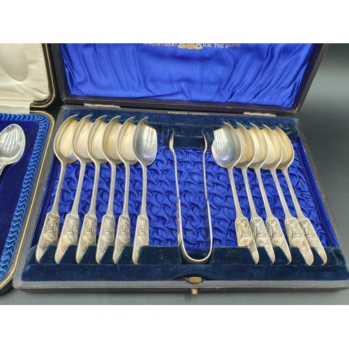 99 - Six George V silver Teaspoons and Sugar Tongs, Sheffield 1913, and eleven plated Teaspoons and Sugar... 