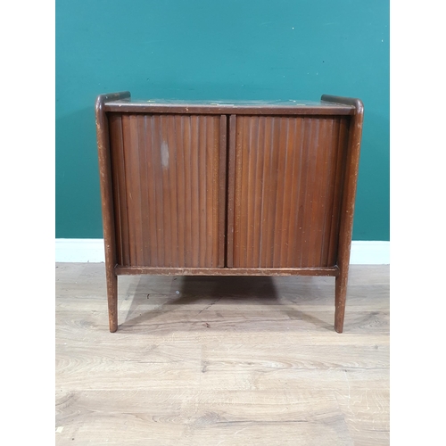 595 - A mid-century tambour-fronted Record Cabinet on squared supports, 2ft 4in W (R2)