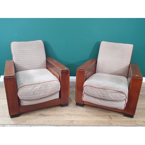 626 - A pair of Art Deco walnut Armchairs with upholstered backs and seats with rectangular arms and squar... 