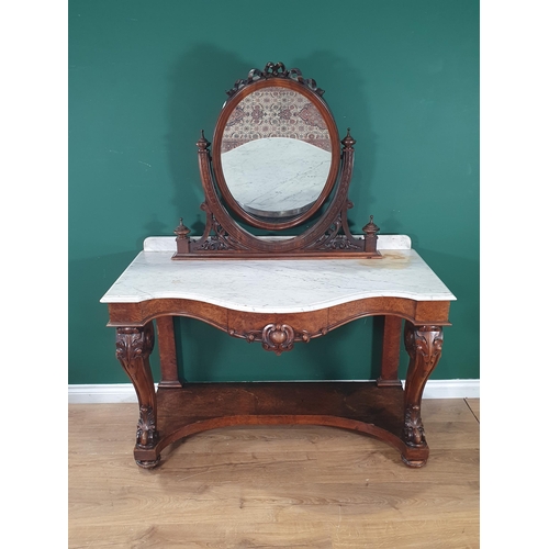 399 - A Victorian walnut and marble top Dressing Table with oval mirror above the serpentine marble top, f... 