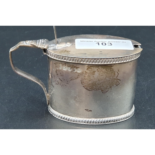 103 - A George III silver oval Mustard Pot with gadroon rim, London 1818, blue glass liner