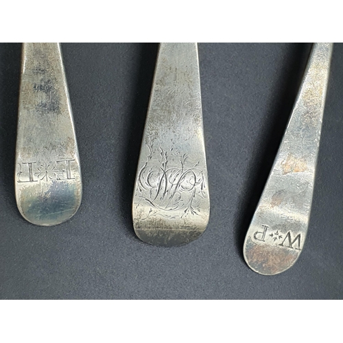 107 - Three Georgian silver Table Spoons old english pattern engraved initials, one bottom marked, London ... 