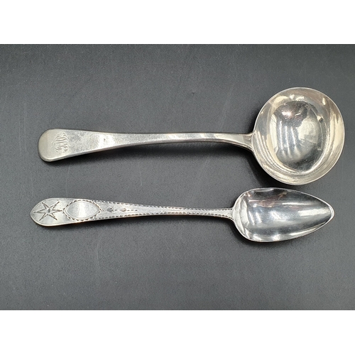 116 - A George III silver Sauce Ladle old english pattern, London 1813, and an Irish Dessert Spoon with br... 