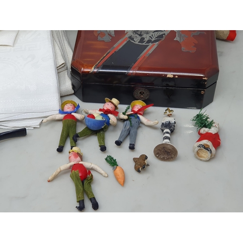 12 - A box containing Pirate Figures, other small Figures, Japanese lacquered Box, Pipe, case of Knitting... 