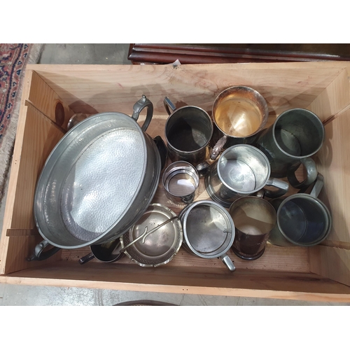 124 - A plated oval two handled Tray, circular Salver, plated and pewter Mugs, part set of plated Cutlery,... 