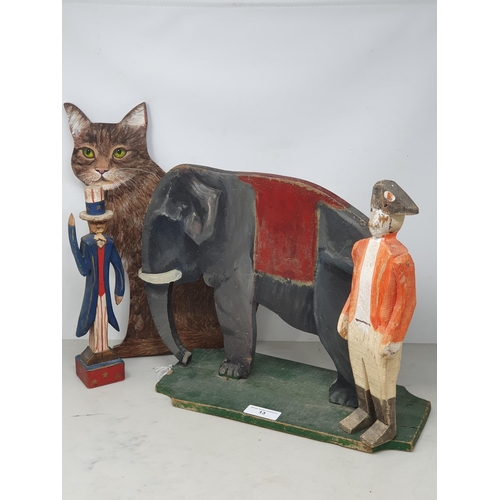 13 - A painted Dummy Board in the form of a Cat, a painted Elephant Model and two painted Figures.