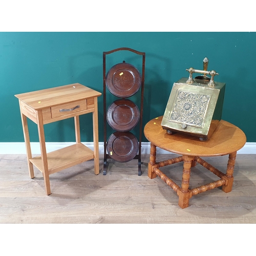 136 - An oak Side Table, oak folding Cakestand, oak Coffee Table and a Victorian brass Coal Purdonium (R6)