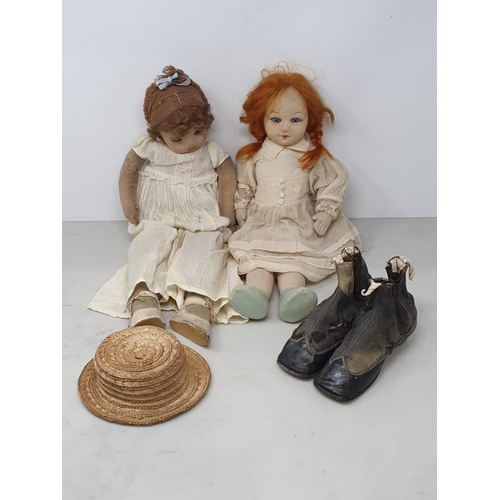 14 - Two fabric Dolls, a doll's straw Hat and a pair of antique doll's Boots