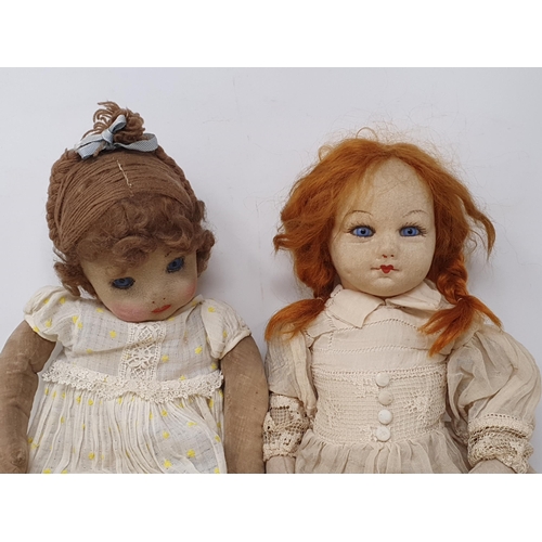 14 - Two fabric Dolls, a doll's straw Hat and a pair of antique doll's Boots