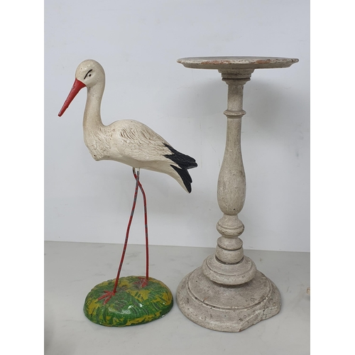 20 - A plaster figure of a White Stork, two painted wooden Fox Hounds, two painted carved Fish, a painted... 