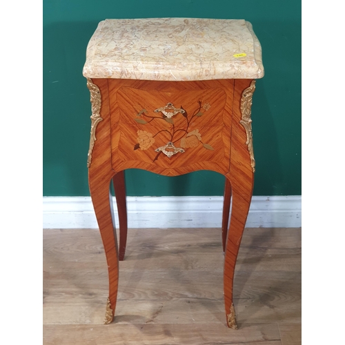 236 - A marble topped kingwood and marquetry inlaid Bedside Chest fitted two drawers raised on square cabr... 