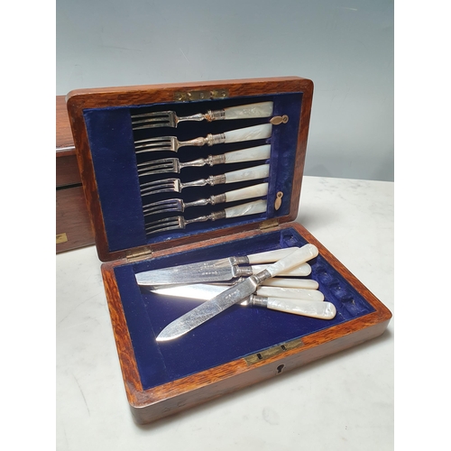 240 - A 19th Century rosewood and brass bound Dressing Set 11in W x 5in H and an oak Canteen of fruit Kniv... 