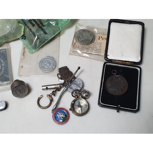 252 - A tin Box of Coins, Medals and Collectables, to include An Order of St John Medal, Certified Midwife... 