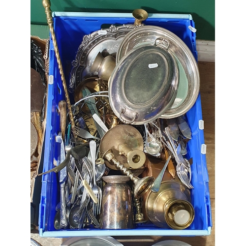 267 - Two boxes of plated and metal ware including Tray, Cutlery, Entre Dish and Cover, etc. (R8)