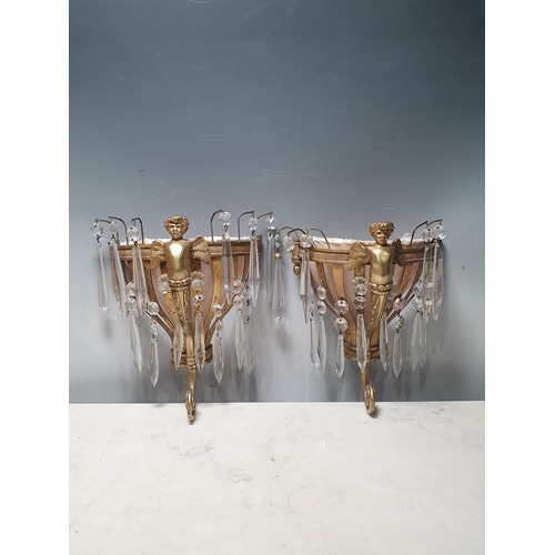 268 - A pair of gilded metal Wall Lights with angel support and cut glass droplets 8in (R1)