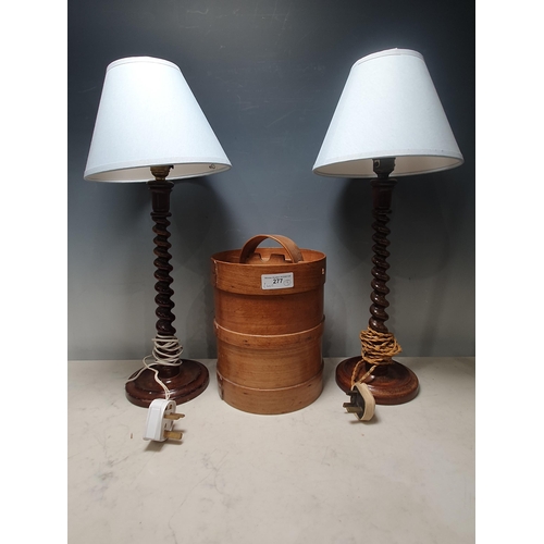 277 - A pair of oak twisted Table Lamps and shades and a pine lidded Container (R8) (Failed PAT)