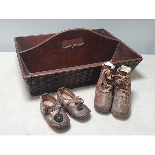 278 - A 19th Century two division Cutlery Tray with basket effect carving and two pairs of leather doll's ... 