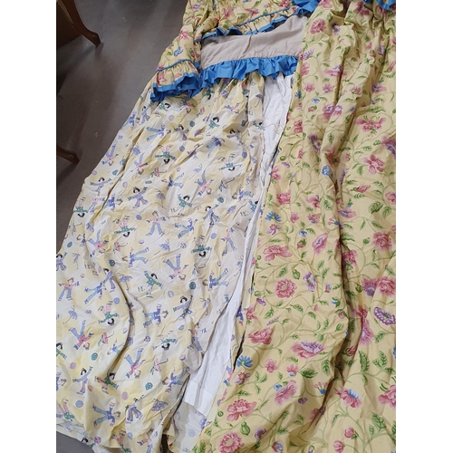 341 - A pair of cream floral Curtains 6ft 10in L x 8ft W with valences, a pair of grey Curtains 4ft 4in L ... 