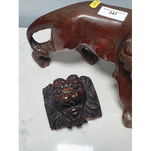 347 - A carved hardwood Lion and an antique carved oak Lion Mask (R5)