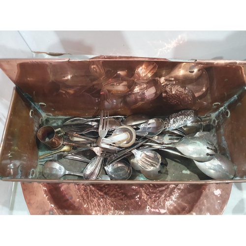 348 - A copper Charger, a rectangular copper Planter and a quantity of plated Cutlery (R5)