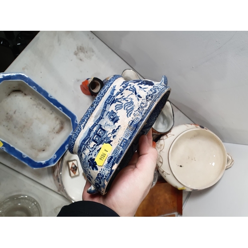 366 - A 19th Century blue and white transfer decorated Tureen, three Character Mugs, two Tureens, two glas... 