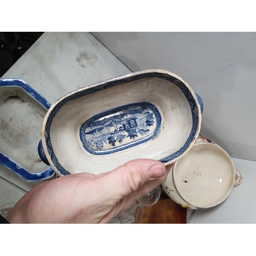 366 - A 19th Century blue and white transfer decorated Tureen, three Character Mugs, two Tureens, two glas... 