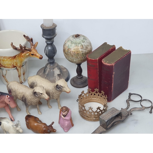 4 - A box of assorted items including pewter Candlestick, metal Box in the form of a Setter, pair of Mug... 