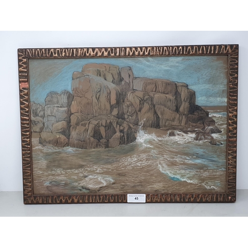 45 - Paul Horst-Schulze (1876-1937); pastel of rocky coastline !9in x 13 1/2in