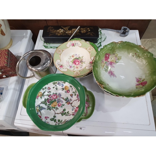 455 - A Meat Dish, a Toilet Jug, Soap Dishes, a green glass Vase, a lacquered Glove box, etc (R6)