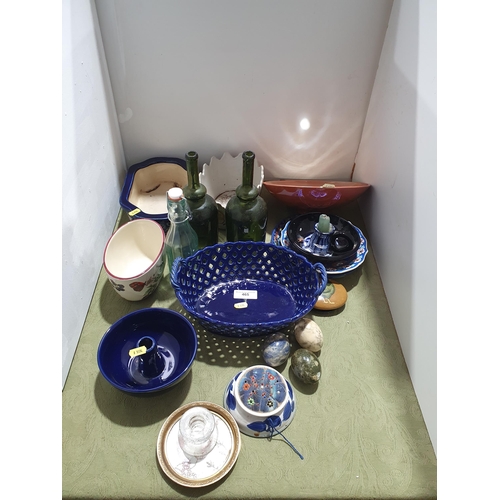 465 - a pierced blue Basket, Dishes, a pair of old green glass Bottles, a Chamberstick, three hardstone Eg... 