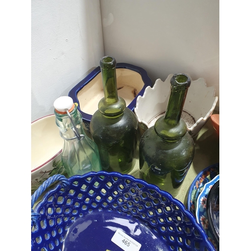 465 - a pierced blue Basket, Dishes, a pair of old green glass Bottles, a Chamberstick, three hardstone Eg... 