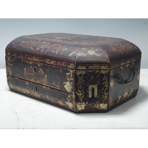 471 - A 19th Century chinoiserie lacquered octagonal Sewing Box 1ft 2in W and a mahogany three division Te... 