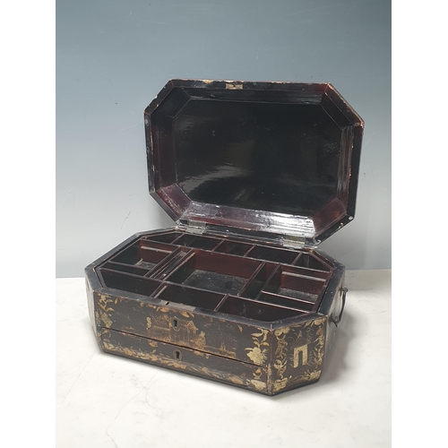 471 - A 19th Century chinoiserie lacquered octagonal Sewing Box 1ft 2in W and a mahogany three division Te... 