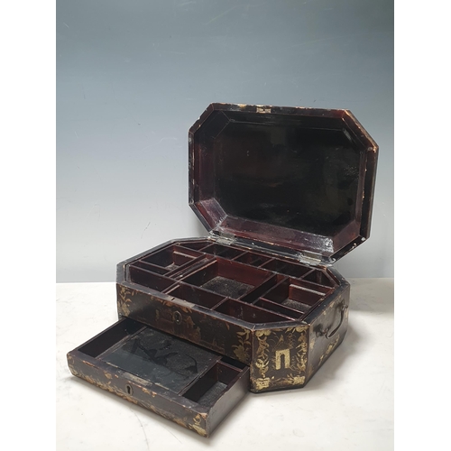 471 - A 19th Century chinoiserie lacquered octagonal Sewing Box 1ft 2in W and a mahogany three division Te... 