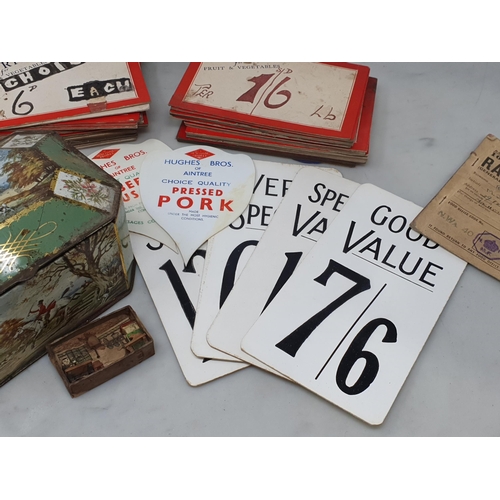 480 - A box of H.J. Rye Greengrocers cardboard Price Signs, other card Price Signs, a Ration Book and a Ti... 