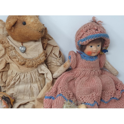 481 - An antique Doll, a wax headed Angel, a Puppet in period costume A/F, a Teddy Bear (some moth damage)... 