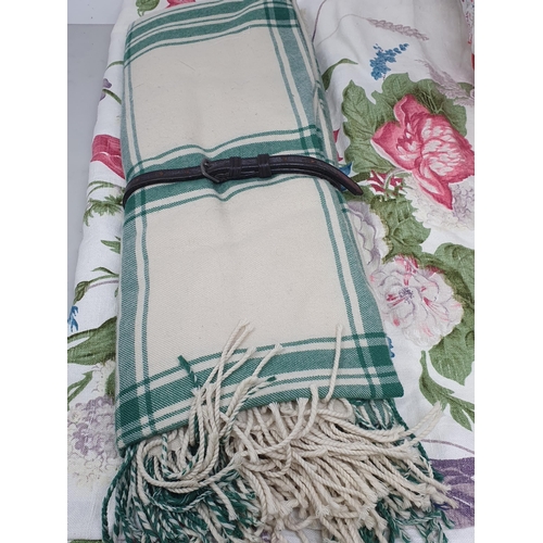 489 - A vintage patchwork Quilt, a woollen Throw, a cream Curtain with floral design and two other pieces ... 