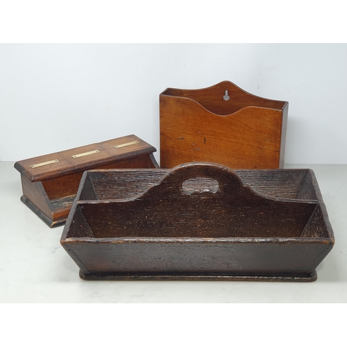 493 - An antique oak two division Cutlery Tray, a Letter Rack and an oak Desk Stand