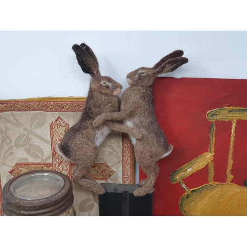 494 - A pair of felt boxing Hares, another felt Hare, circular metal Plate painted with a girl, Bible Cove... 