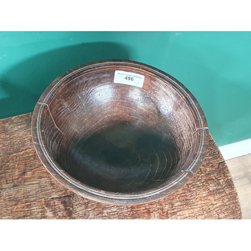 496 - A treen Bowl 9in D and an oak folding Book Trough (R1)