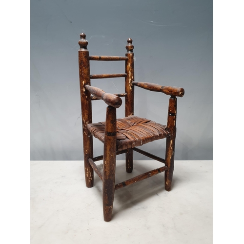 501 - A doll's Windsor Elbow Chair, Kitchen Chair, Medieval style Throne, stained pine Chair and two wicke... 