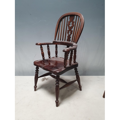 501 - A doll's Windsor Elbow Chair, Kitchen Chair, Medieval style Throne, stained pine Chair and two wicke... 