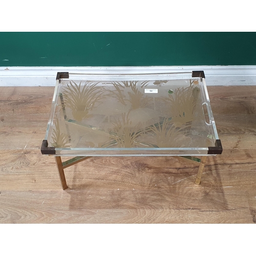 52 - A French Lucite type tray top Table labelled Alpac, France, with inset panel decorated flamingos, on... 