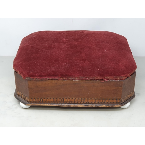 540 - A 19th Century walnut veneered Work Box A/F an a walnut veneered and Tunbridge inlaid Stool with red... 