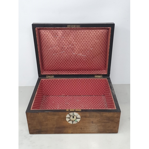 540 - A 19th Century walnut veneered Work Box A/F an a walnut veneered and Tunbridge inlaid Stool with red... 