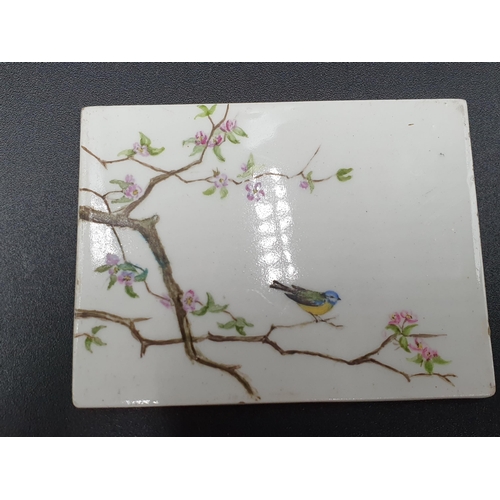 56 - Seven ceramic Tiles finely painted flowers, plants, bird and butterfly, approx 3 x 2in (Cab)