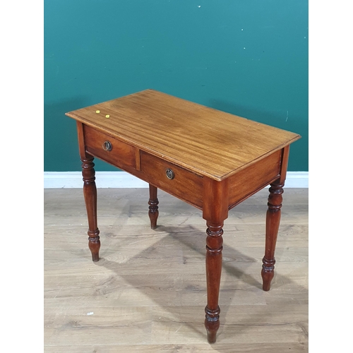 578 - A 19th Century mahogany Side Table fitted two frieze drawers raised on turned supports 2ft 6in W x 2... 