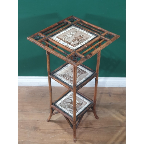 598 - An antique bamboo three tier Occasional Table with tile surfaces 2ft 6in H x 1ft 3in W (R3)